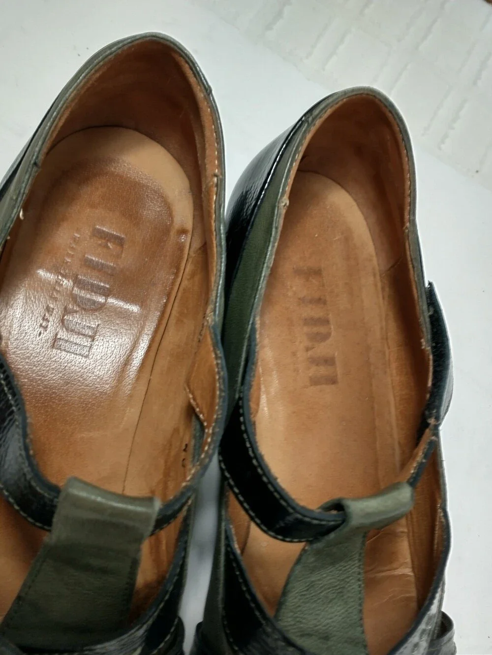 Fidji Green Leather Strappy Women's Heels With Black Patent, Euro Size 40‎